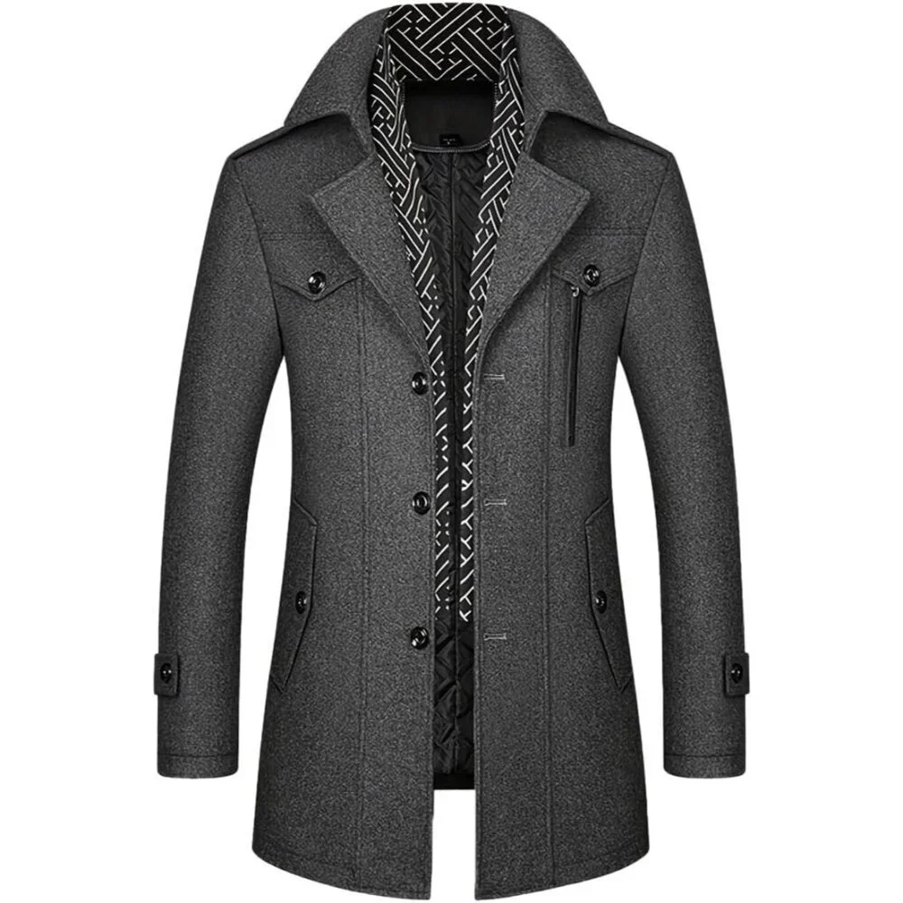 Men's Grey 1 Wool Blend Coat Warm Winter Trench Coat With Detachable Soft Scarf